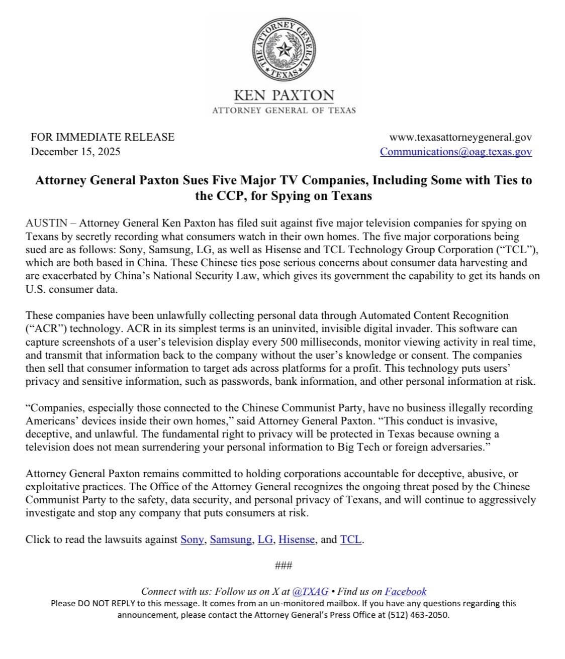 Attorney General Paxton Sues Five Major TV Companies, Including Some with Ties to the CCP, for Spying on Texans